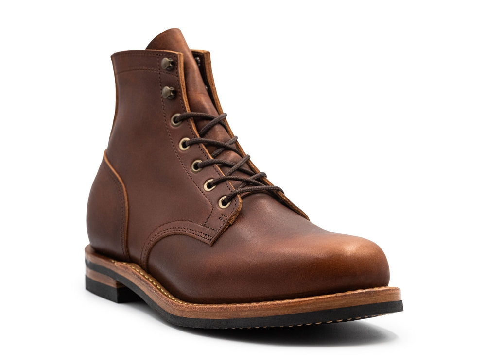 auburn brown leather boot on a white background 3QTR view