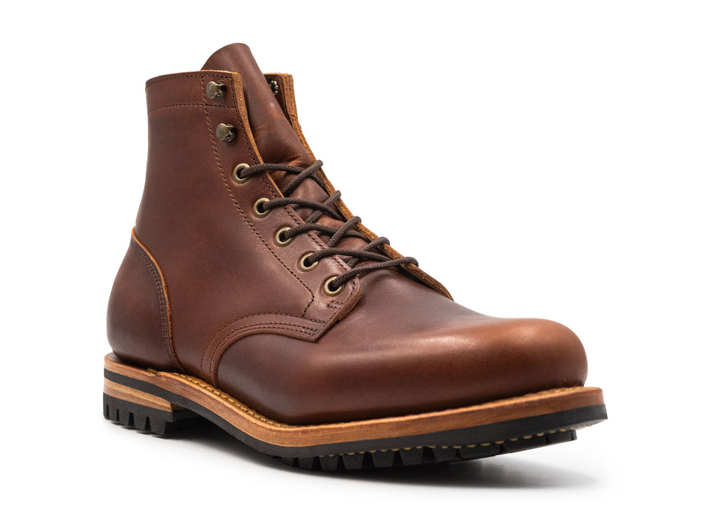 auburn brown leather boot on a white background 3QTR view