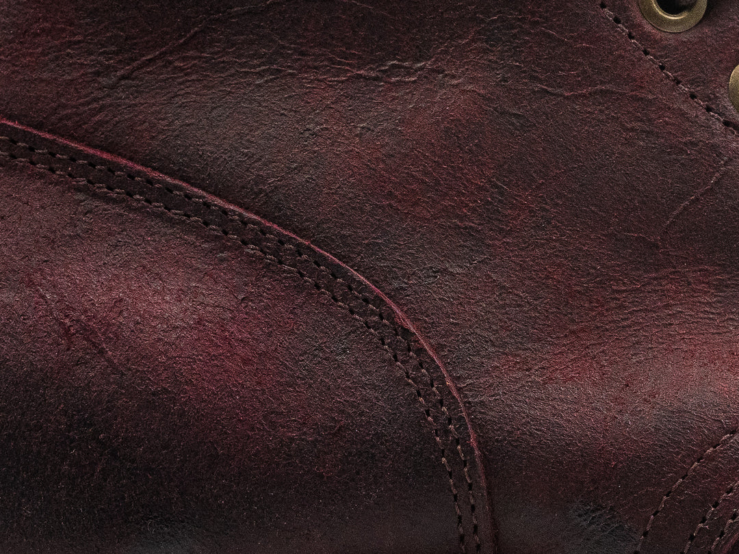 close up shot of burgundy rambler leather
