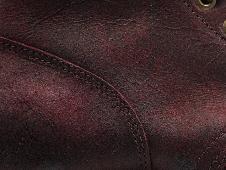 close up shot of burgundy rambler leather