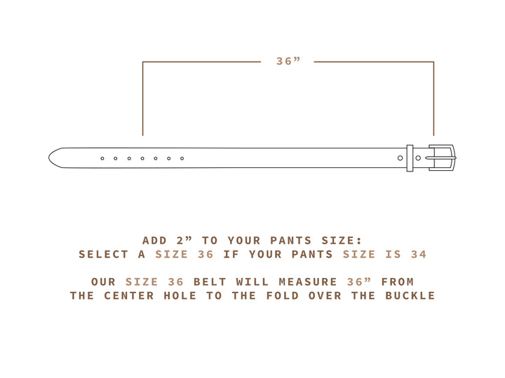 belt sizing chart showing the distance from the fold at the buckle to the center hole is the belt size