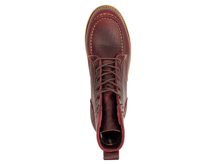 topdown view black cherry shrunken bison boot on wedge sole on white background