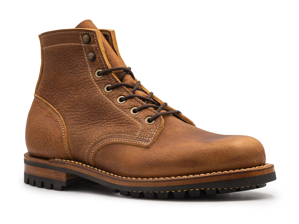 tan leather boot on a white background 3QTR view