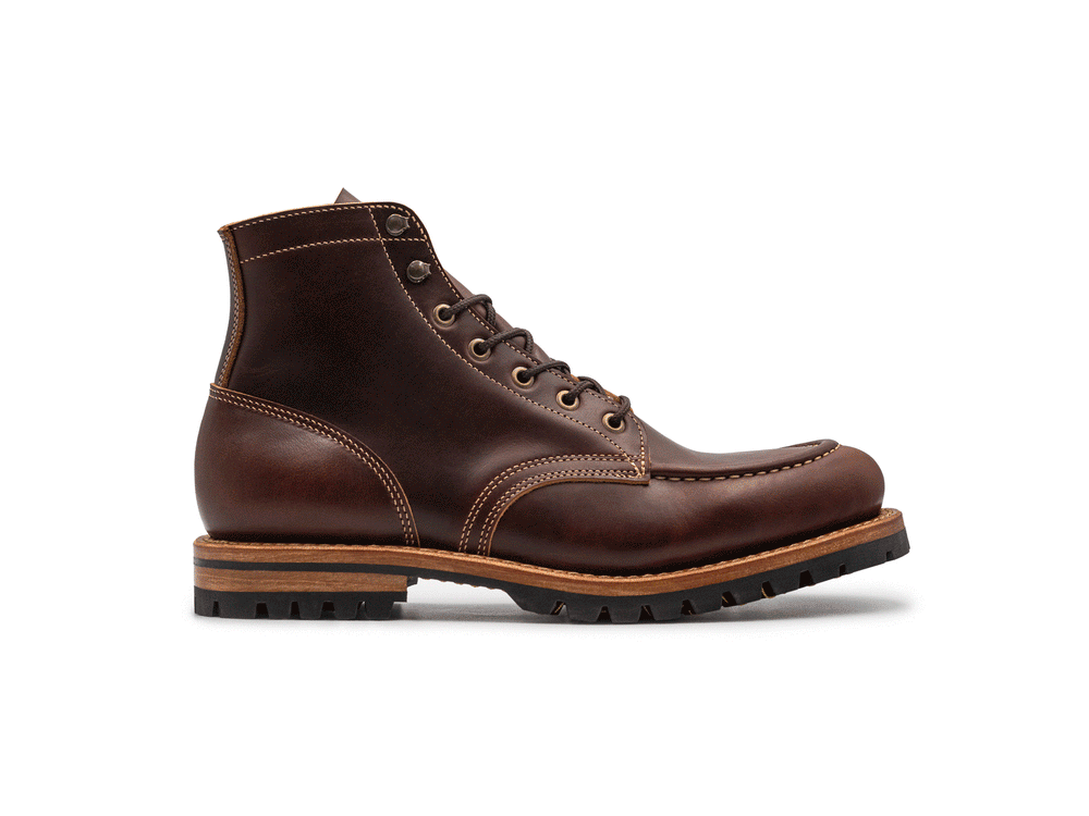 animated rotating brown leather moc toe boot on white background