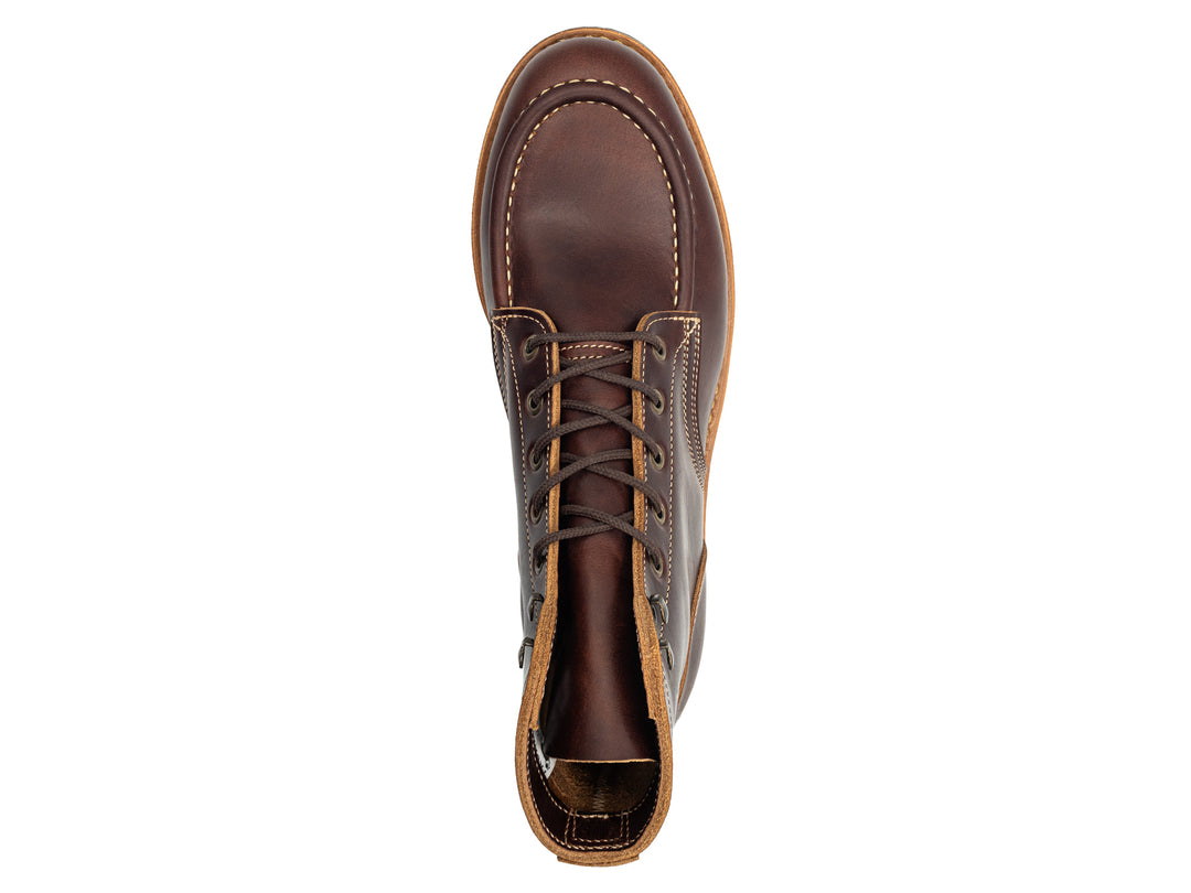 brown leather moc toe boot top down view on white background
