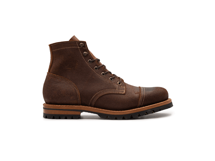 dark brown rough out leather boot rotating 360° view