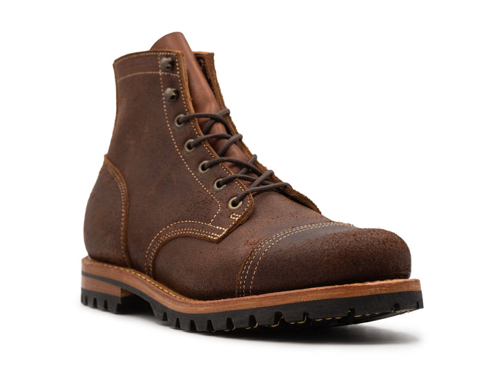 dark brown rough out leather boot 3QTR view