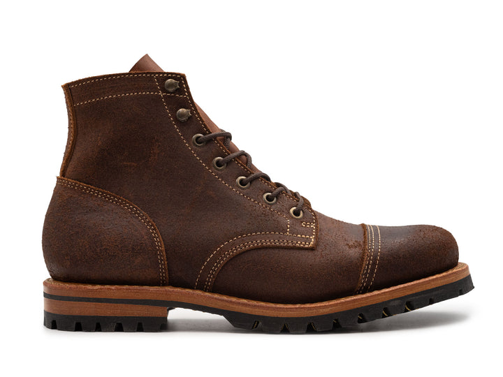 dark brown rough out leather boot side view