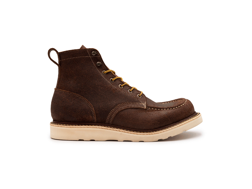 animated rotating gif of brown leather moc toe boot on white background