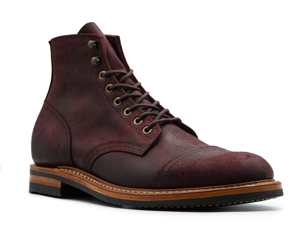 3QTR view of dark burgundy leather boot on white background