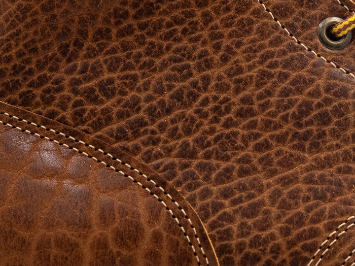 close up shot of cognac shrunken bison leather