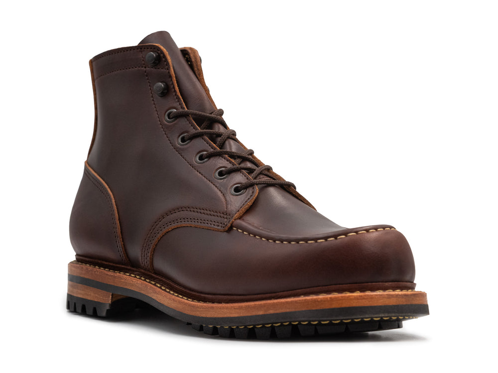 3qtr view of brown smooth leather boot on white background