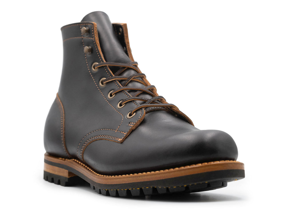 black leather boot on a white background 3QTR view