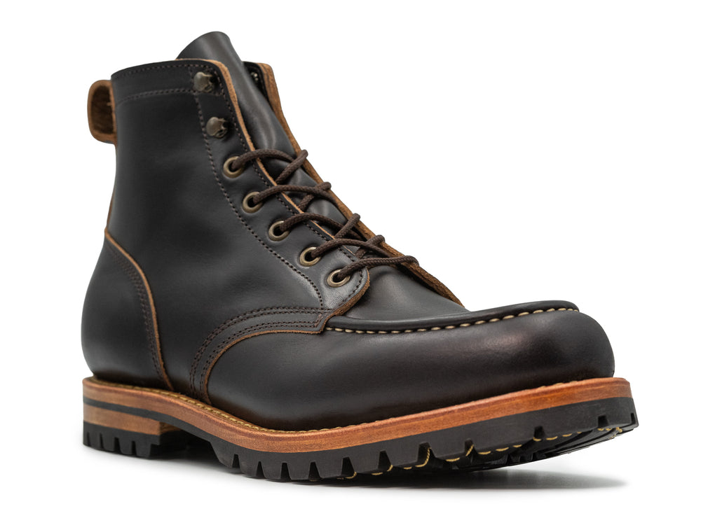 3QTR  view of black moc toe boot on white background