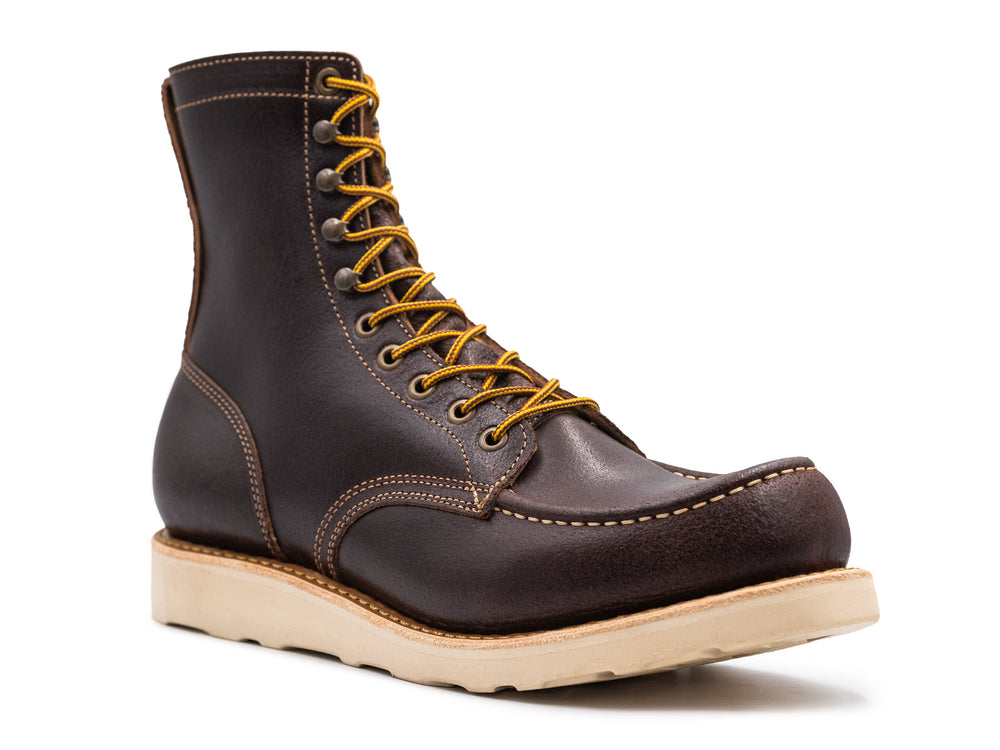 dark brown leather moc toe boot on a white background 3QTR view