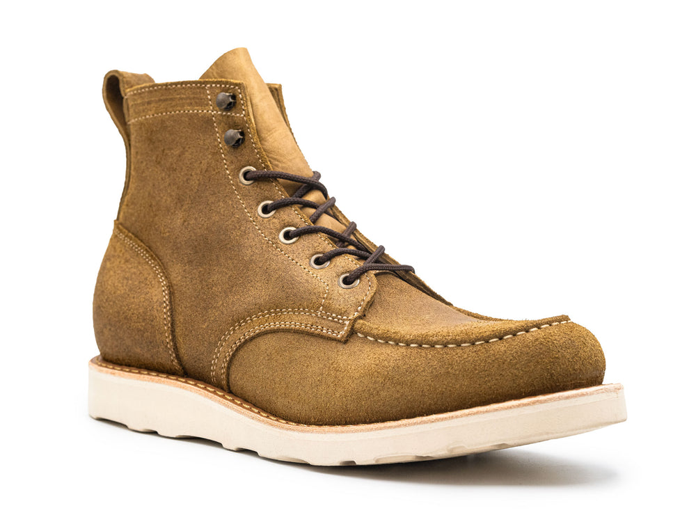 tan rough out leather moc toe boot on a white background 3QTR view