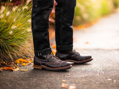 man wearing  jeans and Trumans in java waxed flesh leather 