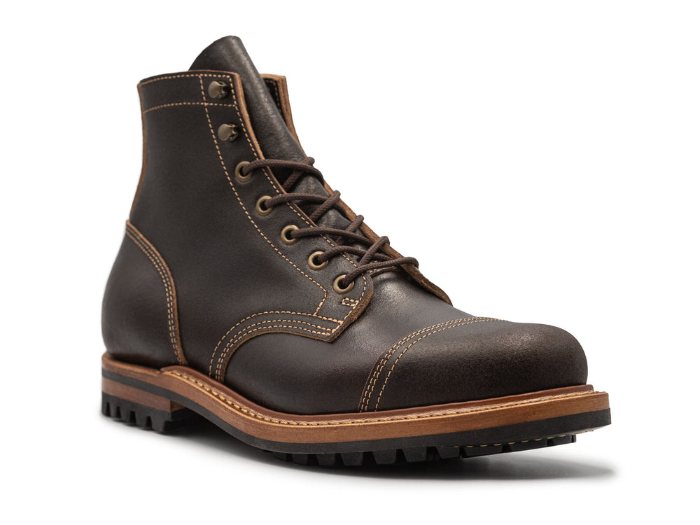 dark brown leather boot on a white background 3QTR view
