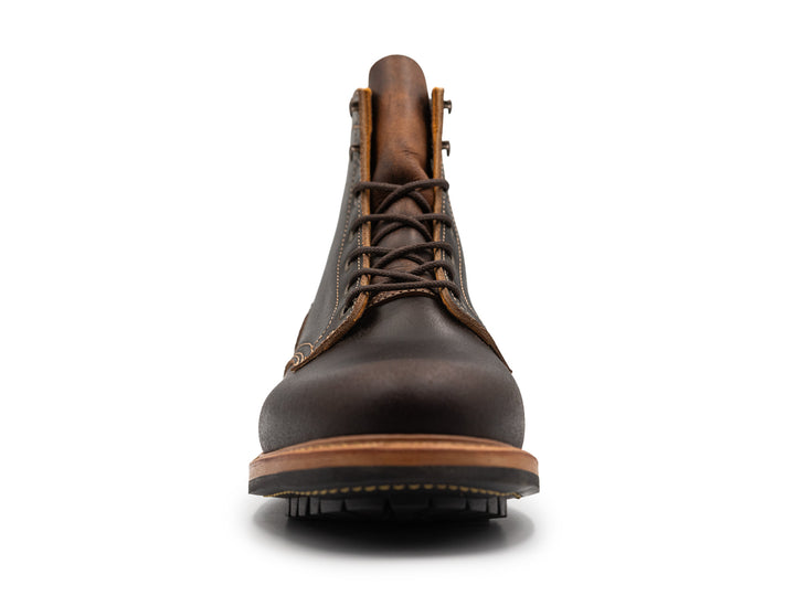 front view of java waxed flesh plain toe boot on white background