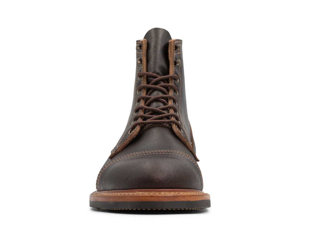 front view of java waxed leather boot on white background