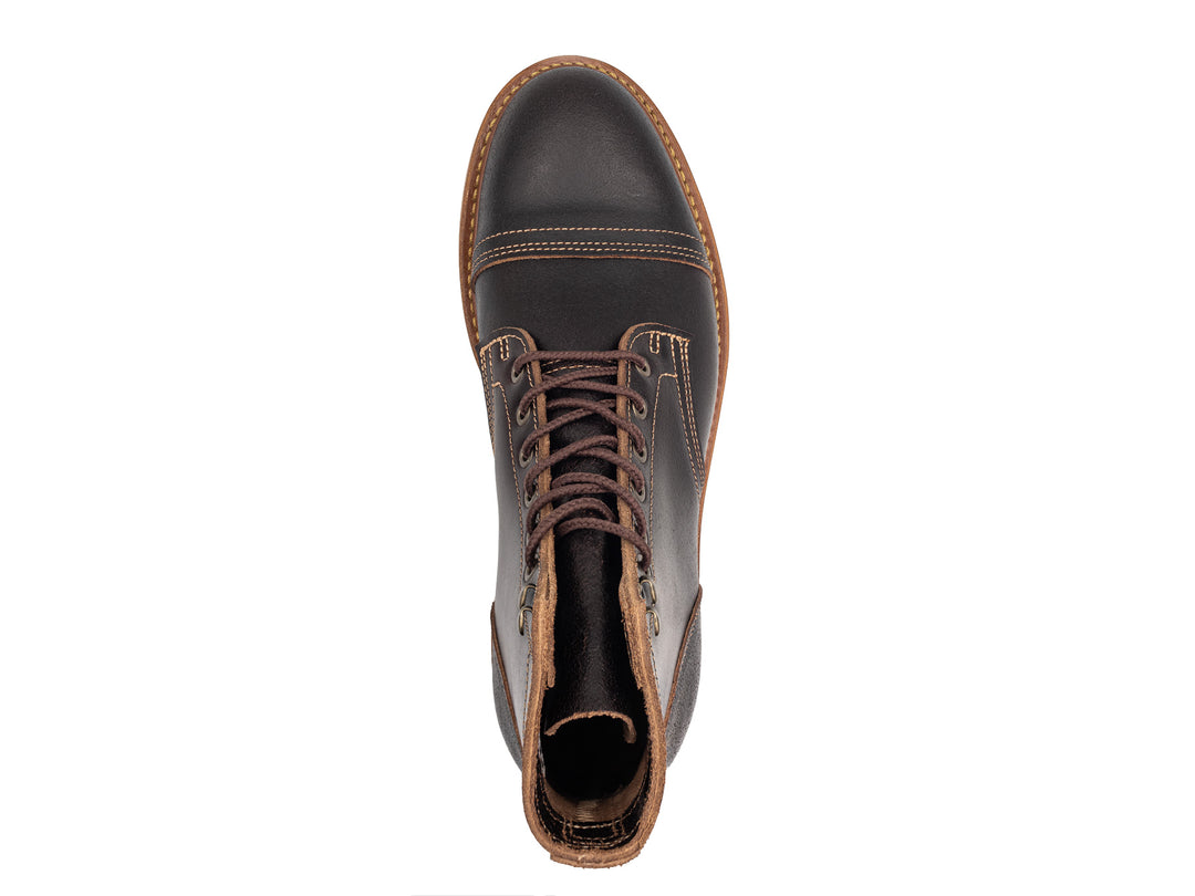 topdown view of java waxed leather boot on white background