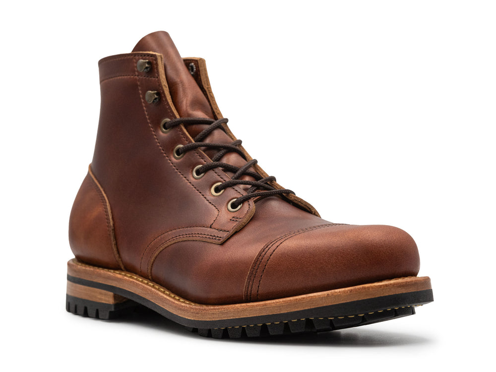 auburn brown leather boot on a white background 3QTR view