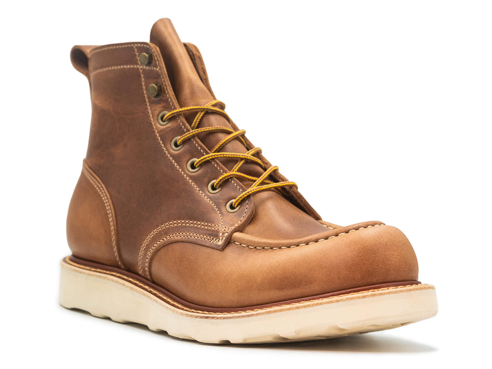 tan leather boot on a white background 3QTR view