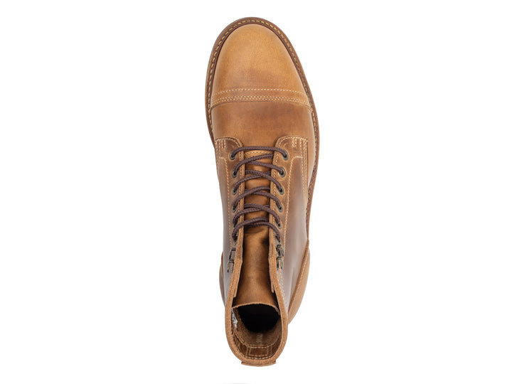 topdown view of sesame double shot leather boot on white background