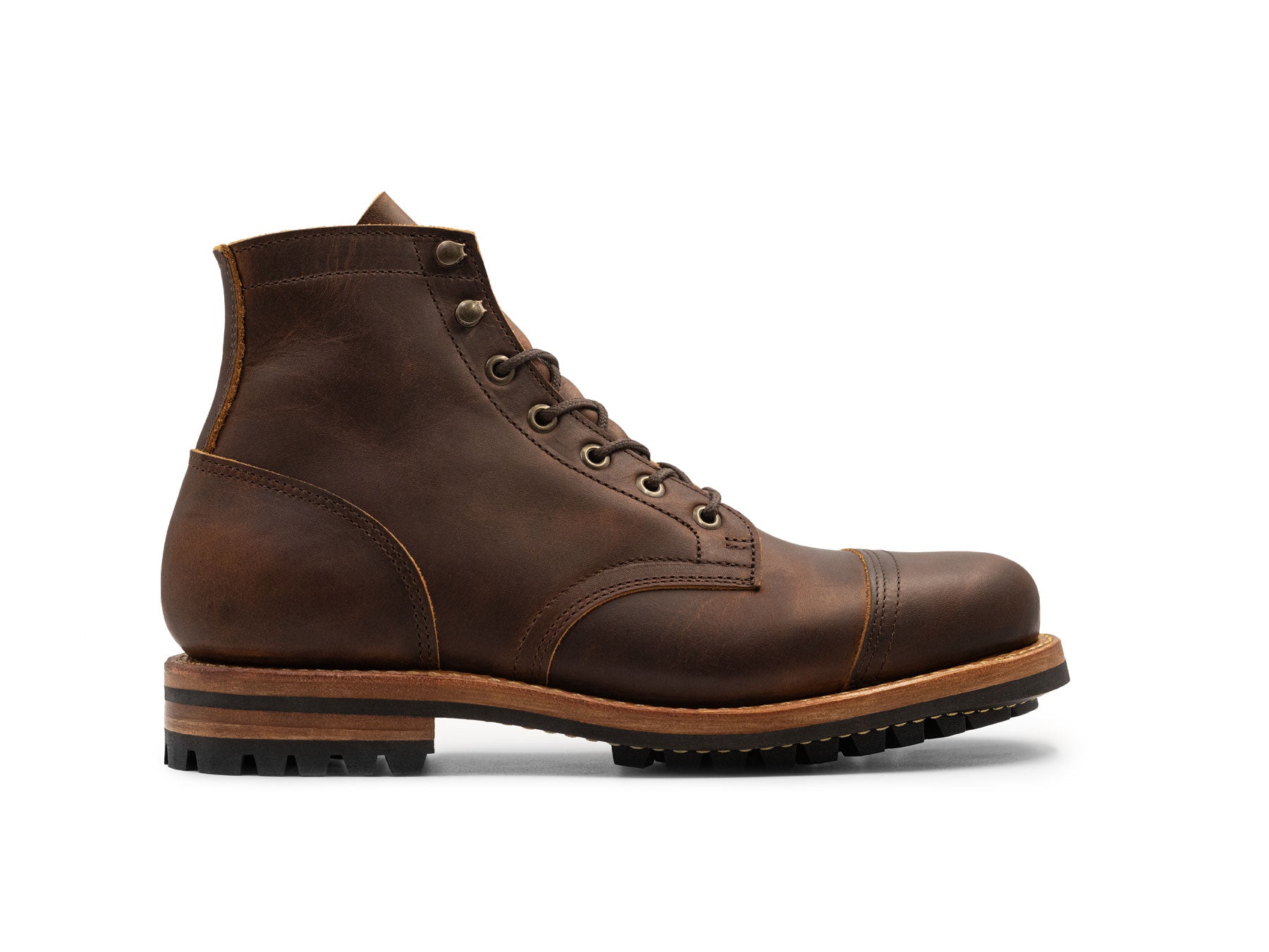 Tobacco Snakebite cap toe boot side view