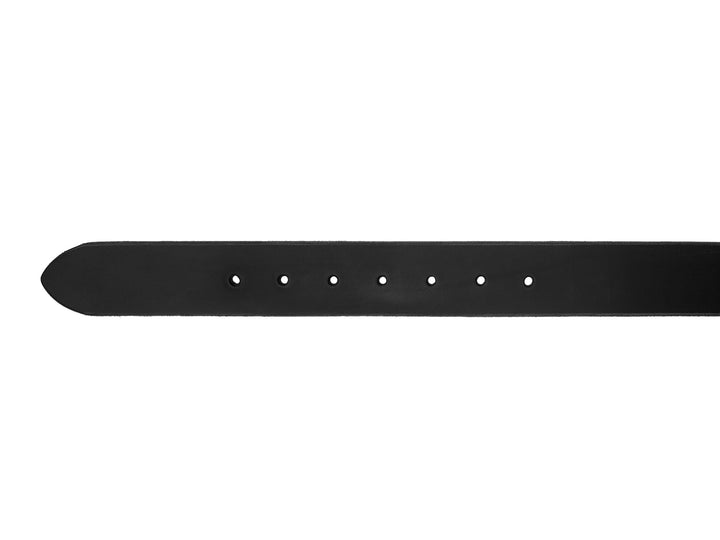 tip of black veg tan leather belt on white background