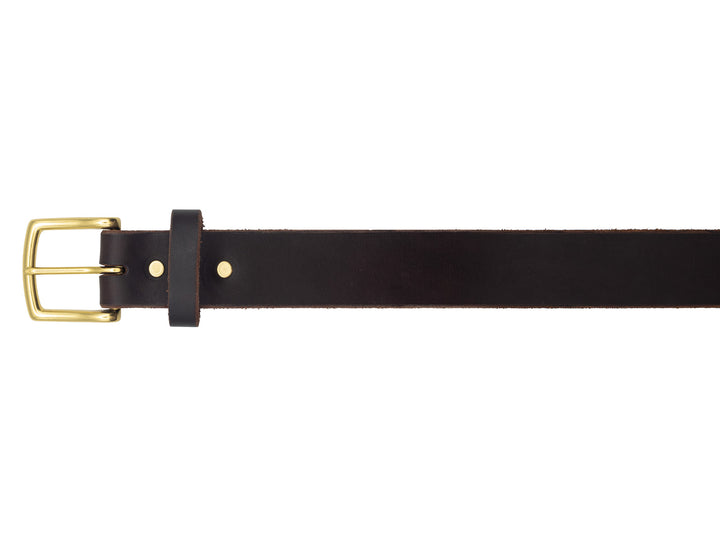 buckle of brown veg tan leather belt on white background