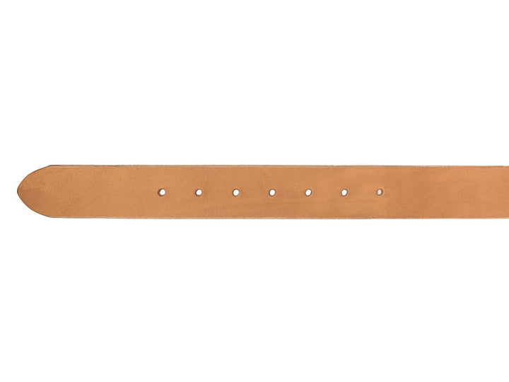 tip of natural veg tan leather belt on white background